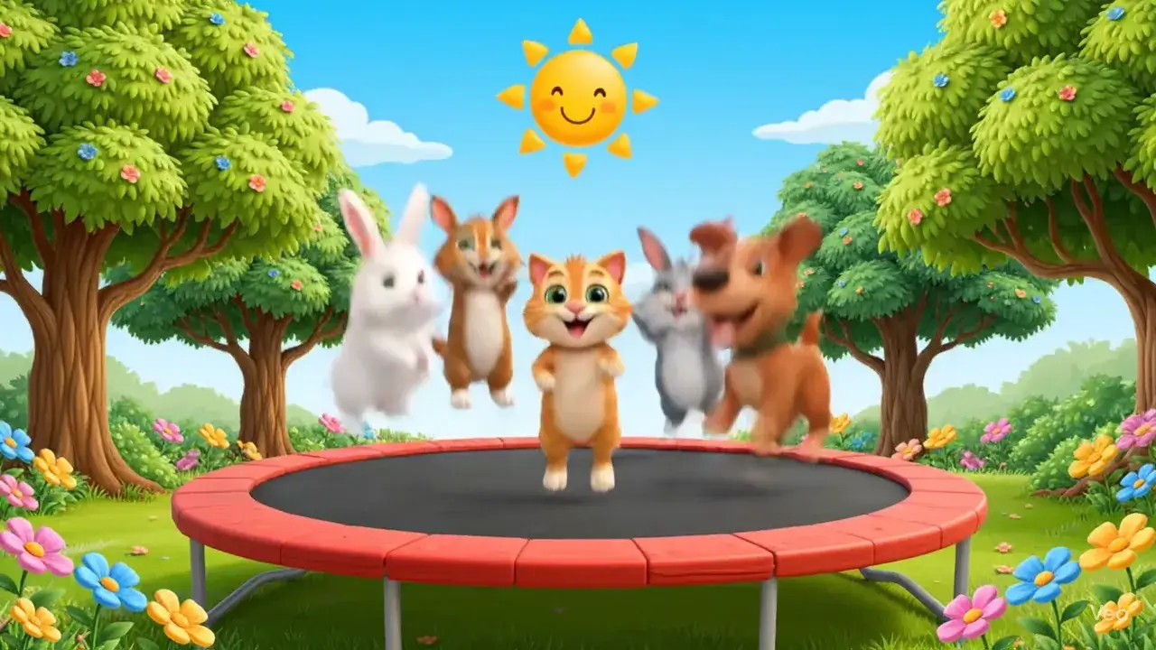 AI Animals Jumping on a Trampoline (Cartoon Style)