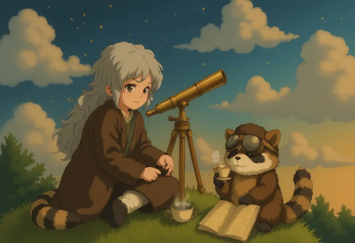A silver-haired astronomer sits atop a grassy hill, adjusting an antique brass telescope. Fluffy sheep-shaped clouds drift across the twilight sky as constellations begin to awaken. A chubby raccoon wearing tiny goggles offers her a steaming teacup, its tail curling around a stack of star charts blowing in the evening breeze.
