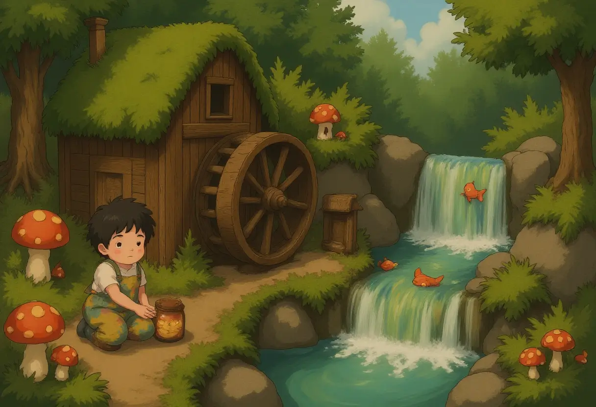 A moss-covered watermill slowly turns in an emerald forest stream, its wooden wheels decorated with glowing mushrooms. A freckled forest spirit in patchwork overalls carefully arranges glowing pollen jars along the water's edge, while translucent fish leap between rainbow-hued waterfalls cascading over ancient stones.