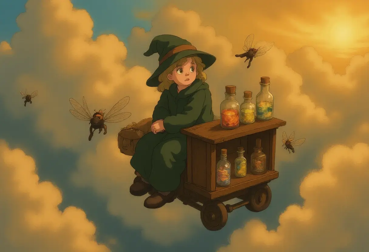 A grandmotherly witch pilots a flying apothecary cart pulled by giant dragonflies through cotton-candy clouds. Rows of clinking glass bottles filled with swirling weather patterns line the shelves – miniature storms, captured sunbeams, and bottled auroras glowing softly in the golden hour light.