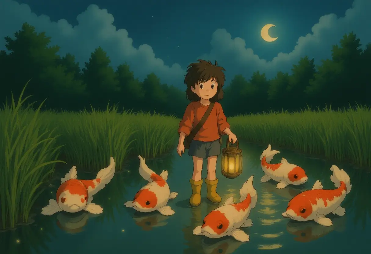 A determined girl in rubber boots stands knee-deep in a moonlit rice paddy, holding a lantern that attracts dancing fireflies. Ghostly koi fish with translucent fins swim through the flooded fields, their movements creating ripples that shimmer like liquid mercury under the crescent moon.