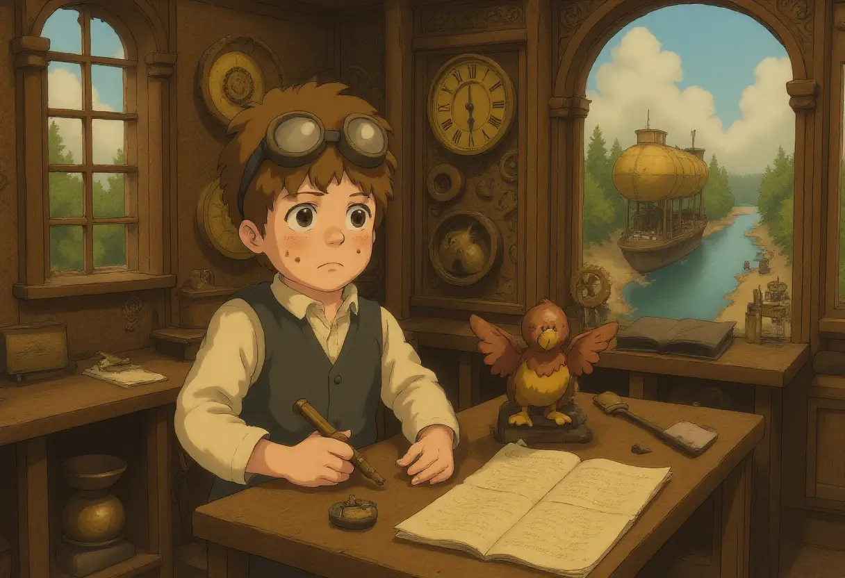 A clock tower workshop filled with floating cogs and suspended pendulum parts. A young inventor with grease-smudged cheeks and goggles repairs a mechanical songbird, its copper wings fluttering weakly. Through arched windows, a steam-powered airship docks at the floating city's brass terminal.