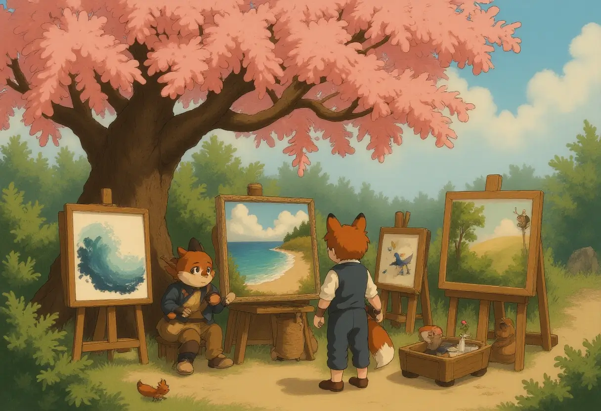A cherry blossom tree with glowing pink petals shelters a traveling painter's canvas stall. His inkbrush-wielding fox assistant mixes colors while customers browse paintings that subtly move – waves crashing in seascapes, leaves rustling in forest scenes, and tiny painted birds that hop between frames.