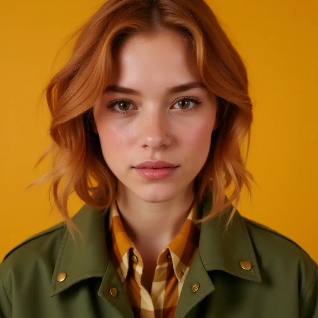 A vibrant close-up of a freckled face framed by strawberry-blonde waves cascading over an olive-green utility jacket. Her hazel eyes contain golden flecks that echo the brass buttons on the jacket's epaulets. Beneath the outerwear peeks a plaid flannel shirt in ochre and cream tones. The background's buttery-yellow gradient makes her copper-colored eyebrows appear luminous.