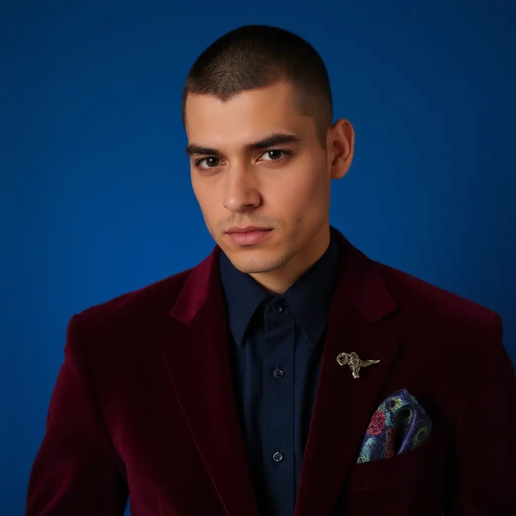 A dramatic close-up of a man with navy-blue eyes intensified by silver eyeliner. His gunmetal-gray buzzcut provides stark contrast to the burgundy velvet blazer he wears. The jacket's lapel pin - a miniature abstract sculpture in oxidized silver - catches directional lighting. Background pulses with electric blue tones that make his porcelain skin appear almost iridescent. A folded paisley pocket square in peacock hues adds a dandyish flourish.
