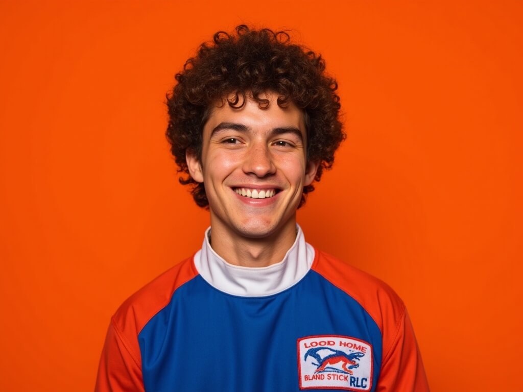 Close-up eye-level portrait of a smiling young man with tousled dark brown curls. Vibrant blue/orange/white soccer jersey featuring "LORD HOME BLAND STICK RLC" embroidered patch. Dynamic front-facing pose with warm eye contact. Ultra-saturated orange backdrop creates bold color blocking effect.