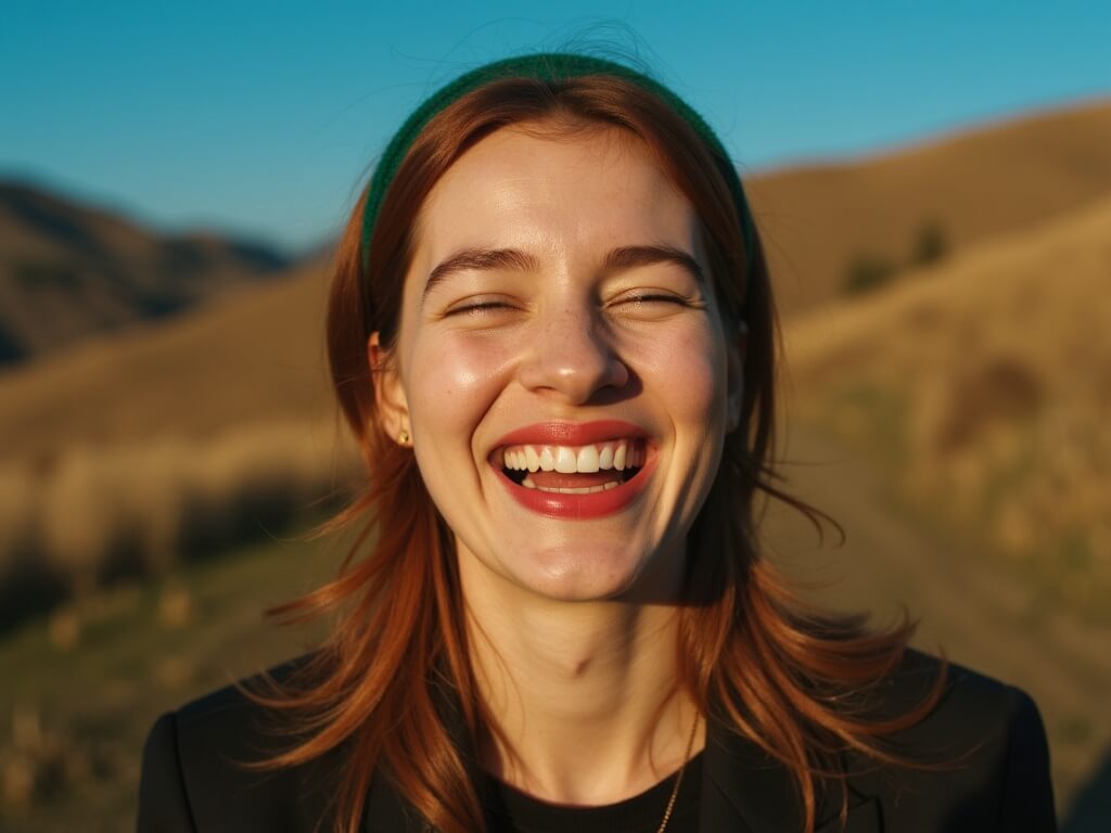 Intimate high-angle shot of laughing woman: long chestnut hair with emerald headband, closed eyes, parted lips revealing white teeth. Dramatic red lipstick contrast. Bokeh background with rolling hills under cyan sky, shallow depth of field.