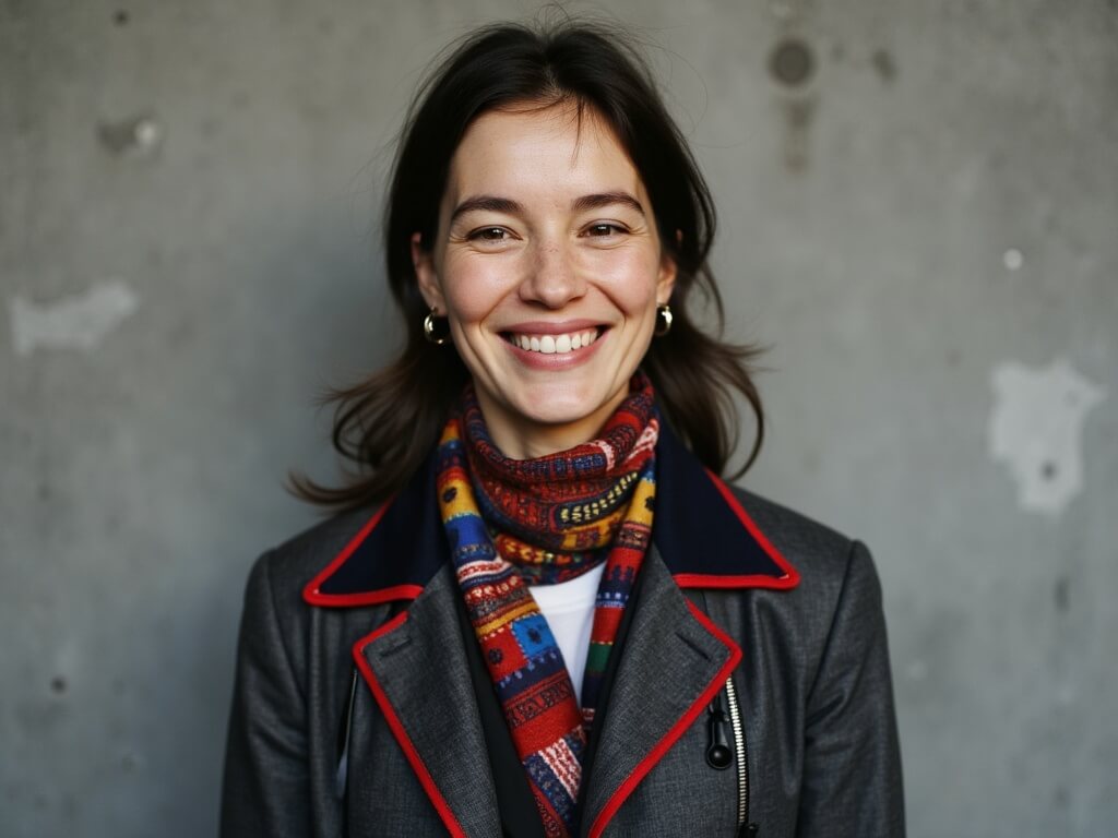 Neutral-gray environmental portrait of Asian woman with rich brunette hair. Textured charcoal jacket with primary color piping, folk-inspired multicolor scarf. Documentary-style composition with visible black fasteners on jacket lapel. Soft directional lighting on concrete wall background.