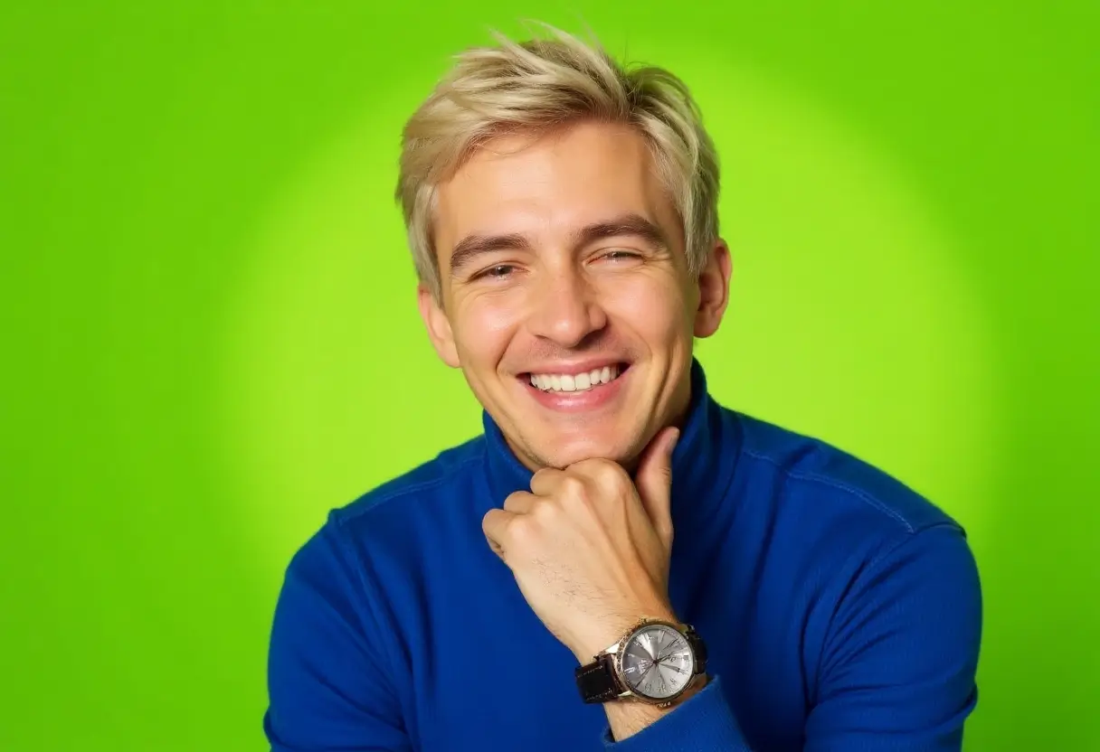 Headshot of beaming blonde man in cobalt turtleneck. Subtle wristwatch glint under chin-propped hand. Neon chartreuse background with gradient luminosity. Crisp product photography aesthetic with emphasis on fabric texture and metallic accessories.