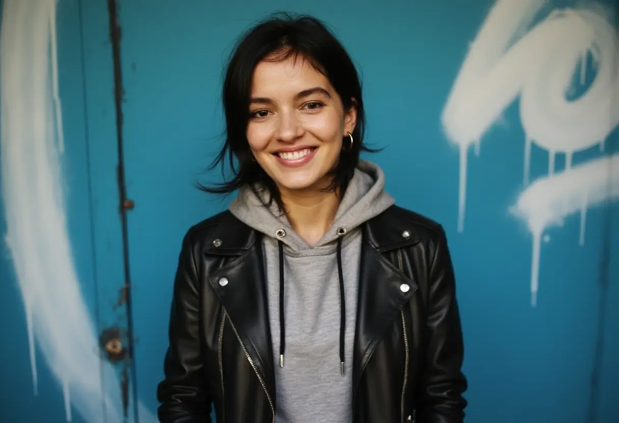 Urban street-style portrait: smoldering brunet in ash hoodie/black moto jacket combo. Confident pocketed stance with silver knuckle jewelry. Cyan wash wall background with abstract white spraypaint accents. Hard shadow play creates grunge editorial mood.