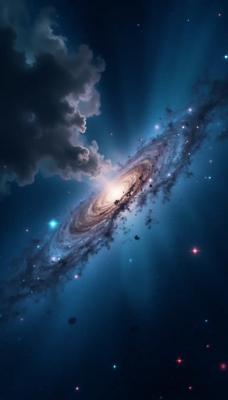 A close-up view of a star cluster is depicted. The cluster glows with hundreds of white and pale blue stars, densely packed around a golden core. The background transitions from midnight blue at the top to cobalt near the bottom. A misty gray nebula drifts across the upper left quadrant, while three red dwarf stars twinkle faintly in the lower right corner.