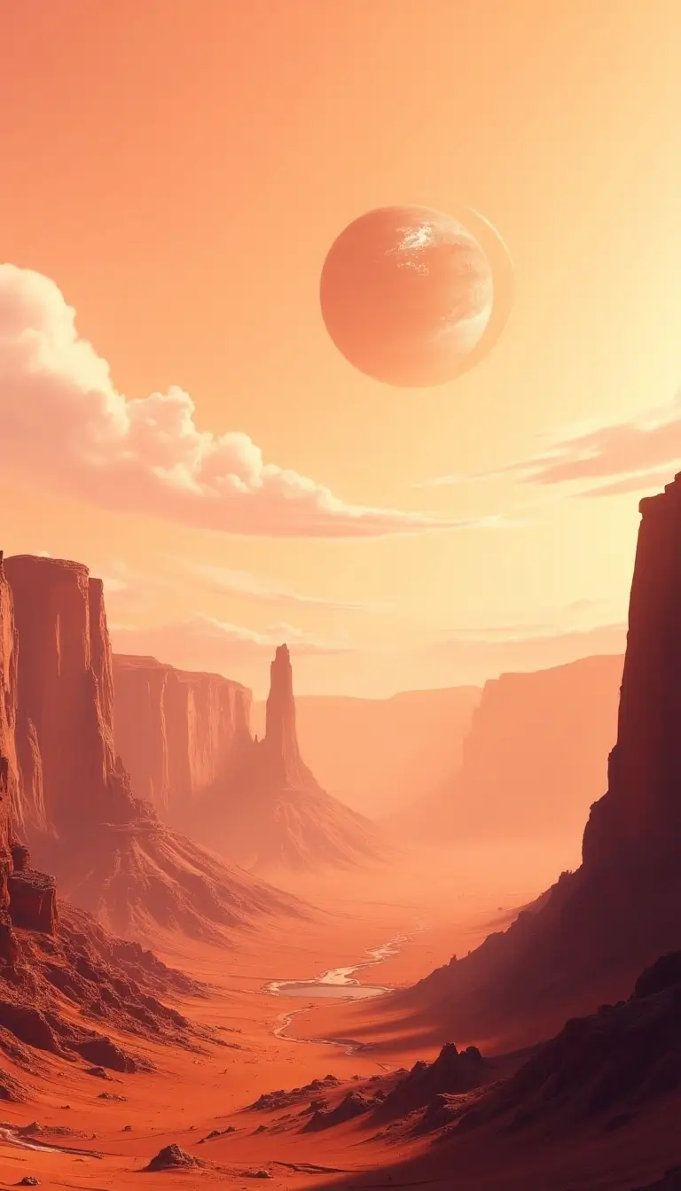 A medium-angle view of a Martian landscape is depicted. Rust-colored canyons dominate the foreground under a peach-colored sky, with Earth visible as a small blue dot in the upper left. Ice caps glisten at the planet’s poles, and wispy white clouds streak horizontally near the horizon.