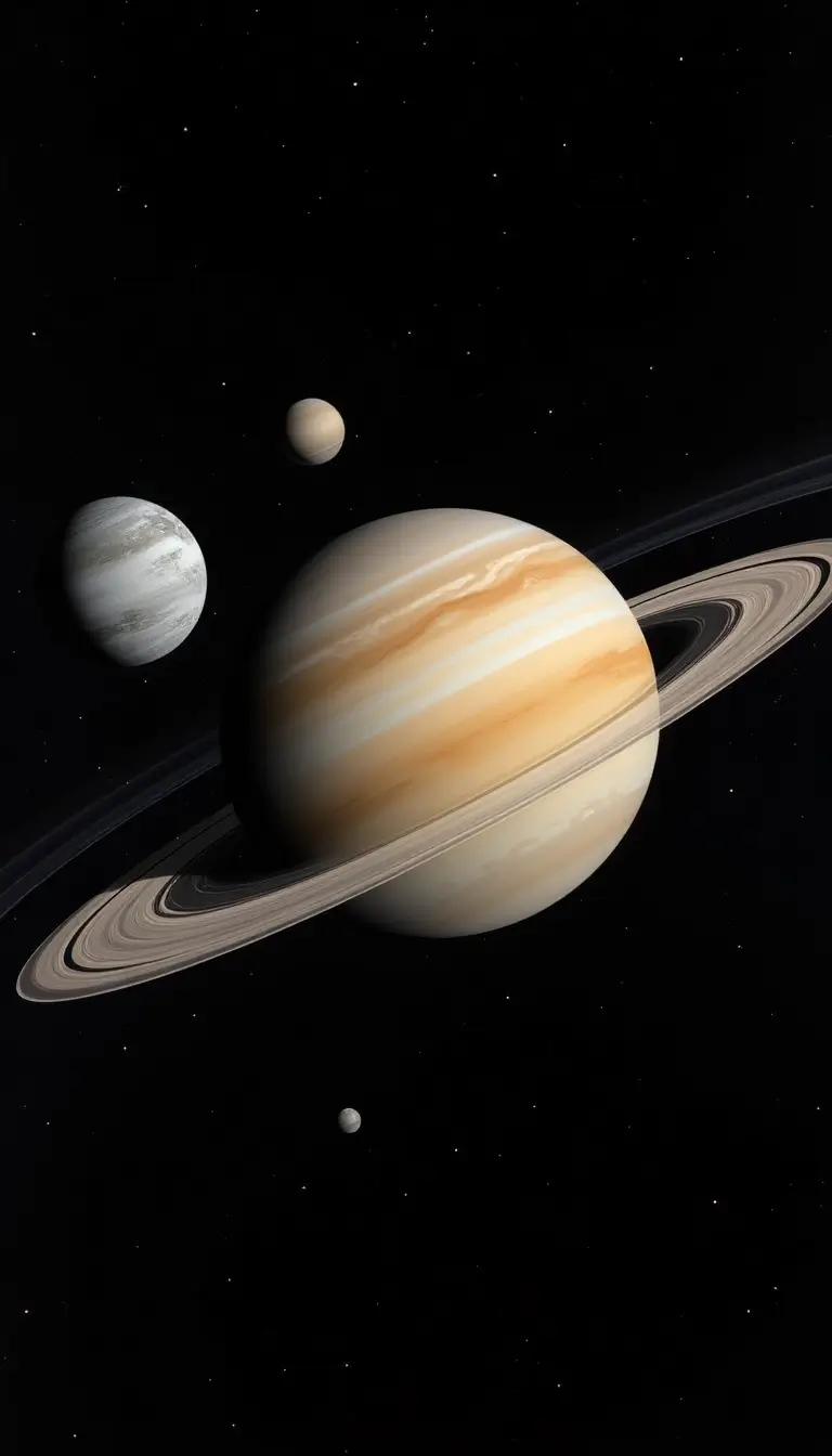 Captured from a high-angle perspective above Saturn’s rings. The planet’s beige and cream bands fill the lower third, while its icy rings stretch diagonally toward the top right. Two gray moons hover near the left edge, casting shadows on the rings. The cosmos behind is deep black with sparse yellow stars.