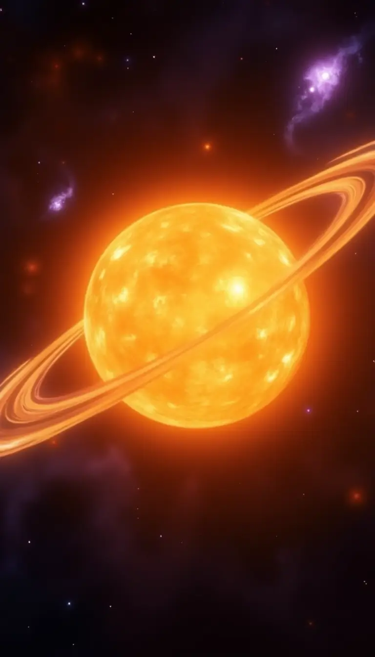 A close-up view of solar flares is depicted. Arcs of orange and white plasma erupt from the sun’s fiery surface, creating a glowing halo effect. The star’s core appears lemon-yellow, surrounded by inky space with two distant purple nebulae visible in the upper corners.