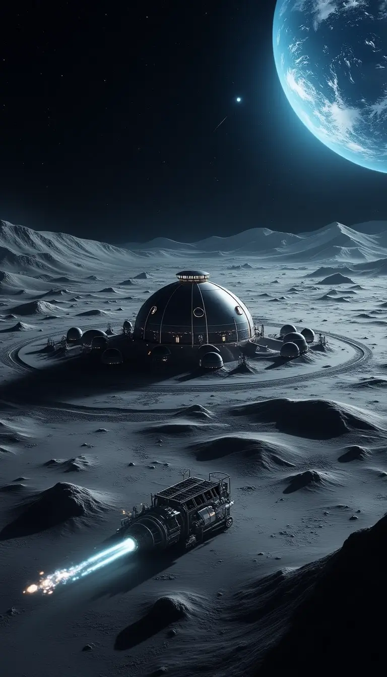 A medium-angle view of a lunar base is depicted. Silver domes and solar panels cluster at the image’s center, lit by Earth’s blue glow in the top right. Meteor craters in charcoal-gray surround the base, and a trail of white rocket exhaust curves toward the bottom left.