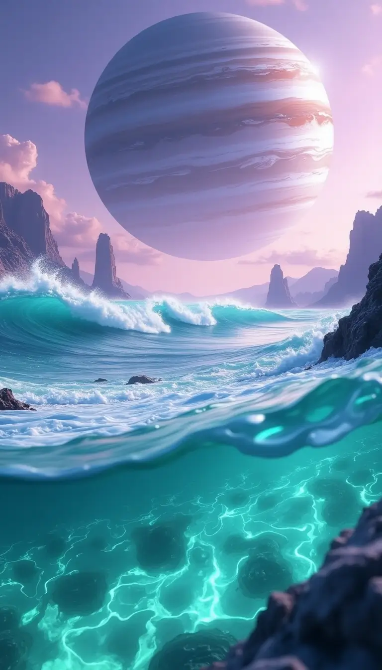 Captured from a low-angle perspective near an alien ocean. Turquoise waves crash against crystalline shores under a lavender sky. A ringed planet looms large in the upper right, its reflection shimmering in the water. Bioluminescent green algae patterns swirl in the foreground.