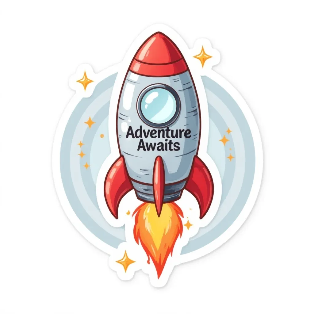 A retro rocket ship with "Adventure Awaits" in bold space-age font, trailing rainbow exhaust flames. White background features subtle concentric circles suggesting motion, with tiny star clusters peeking through the rocket's silhouette in pastel colors.