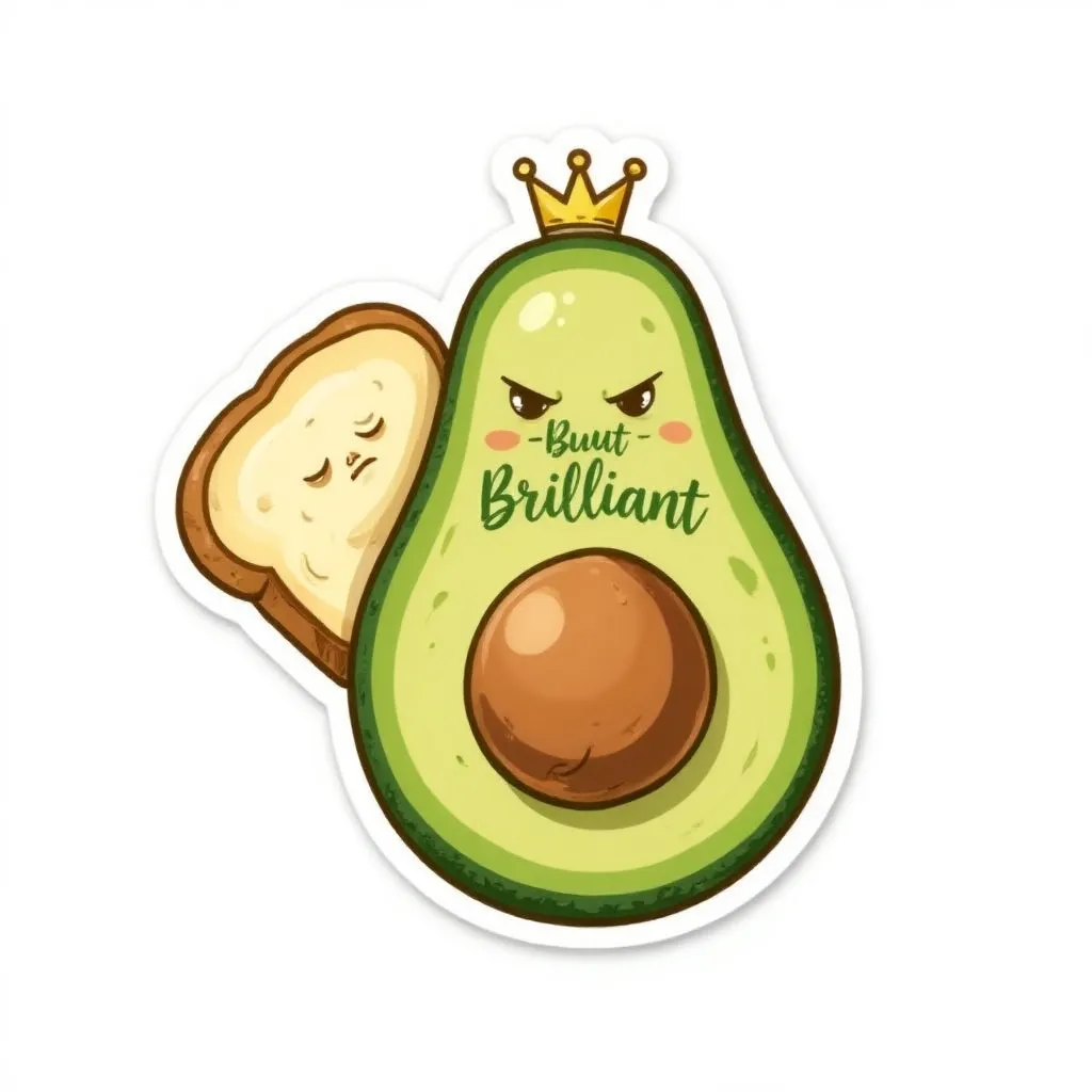 A grumpy-faced avocado half with "Basic But Brilliant" written in guacamole-green script. The pit wears a tiny crown, while a cartoon toast slice peeks from behind the avocado against a pure white background, casting a playful shadow.