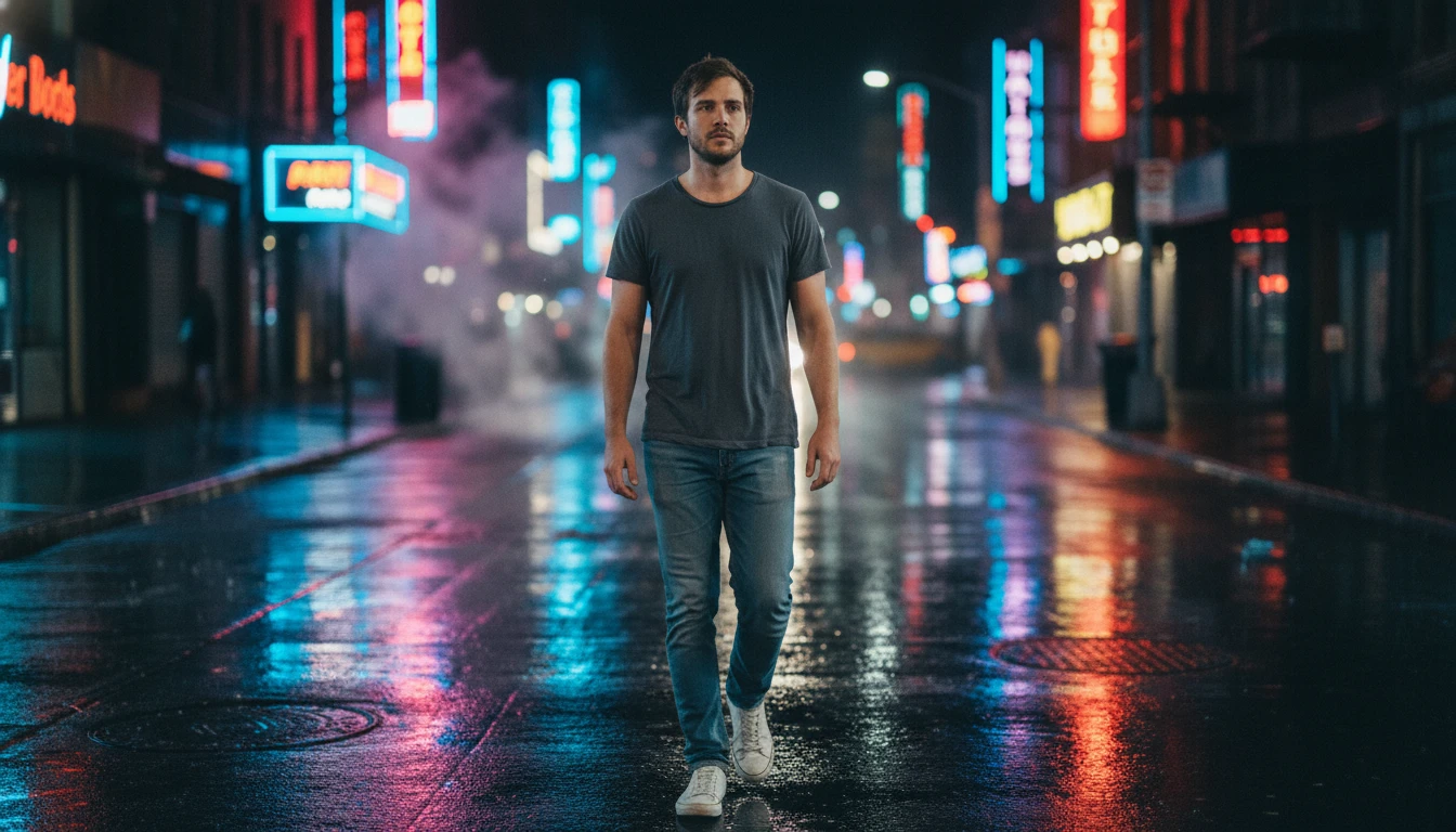 Cinematic night street portrait of a man walking with neon reflections.