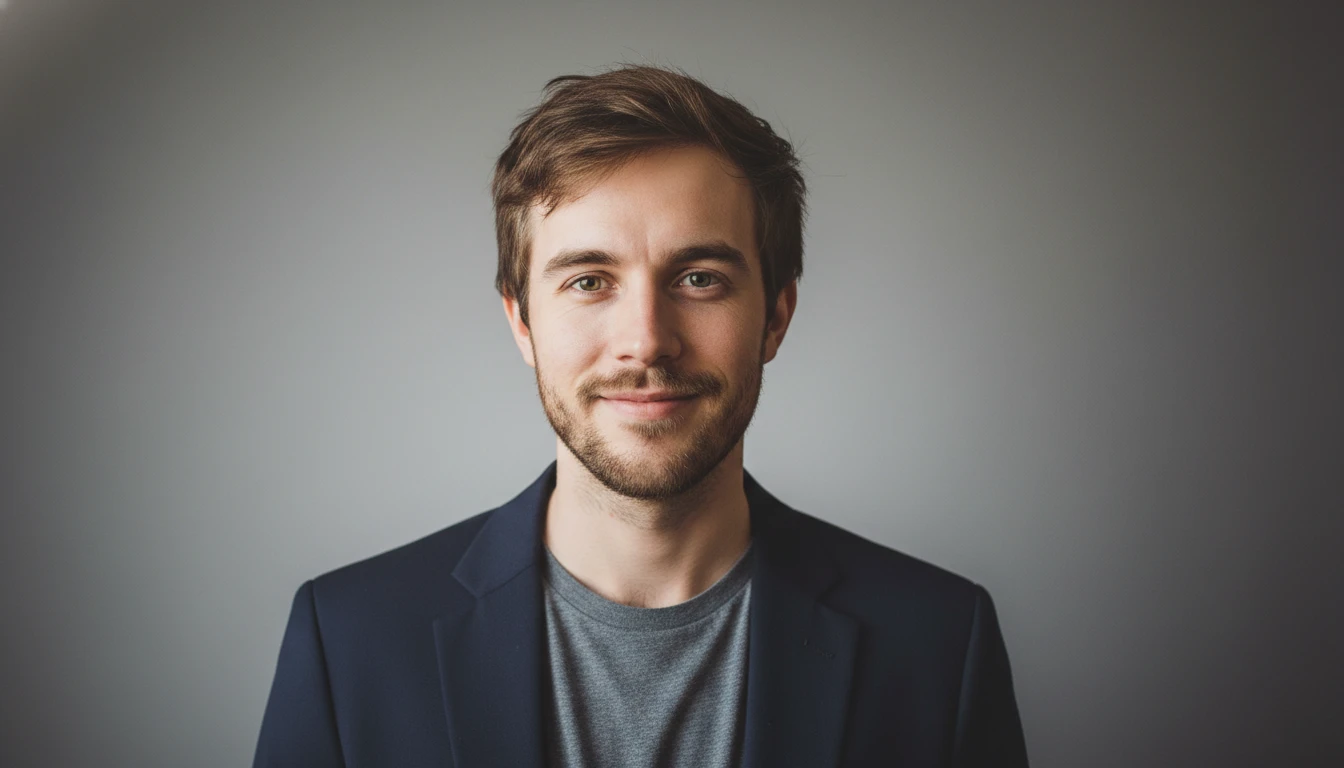 Formal studio portrait of a man in a dark blazer against a neutral gray backdrop.