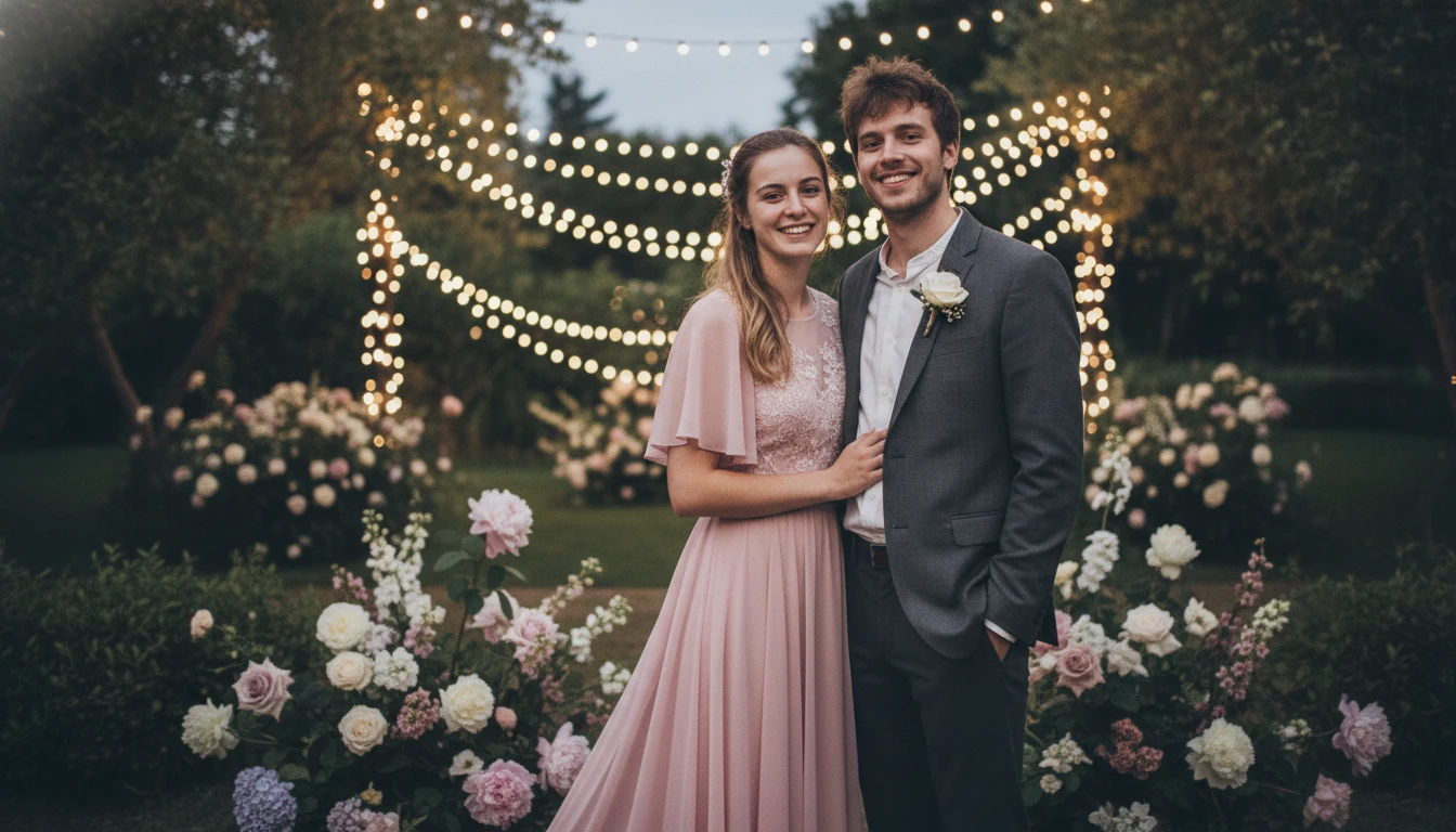 Elegant pre-wedding couple portrait in a flower garden with fairy lights.