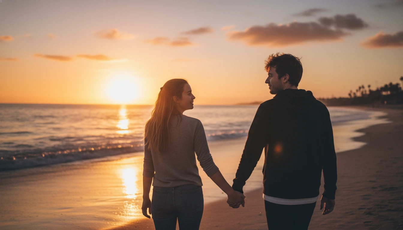 Romantic couple walking hand in hand on a beach at sunset.