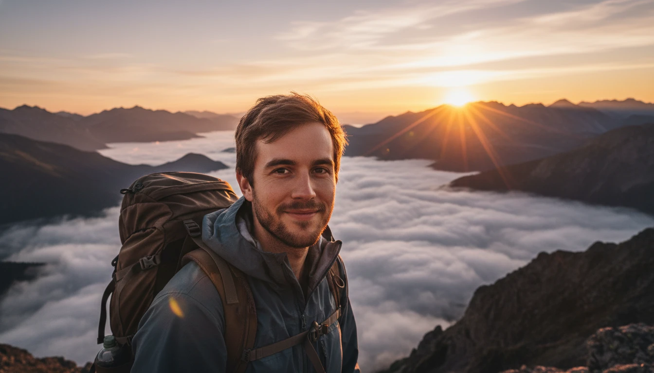 Travel explorer portrait of a man on a mountain viewpoint at sunrise.