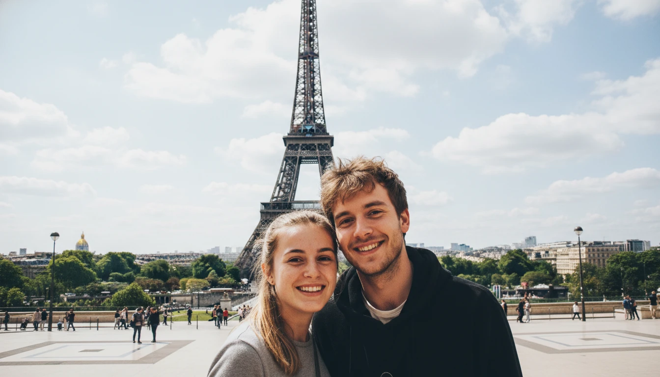 Vibrant travel postcard portrait of a couple at the Eiffel Tower.