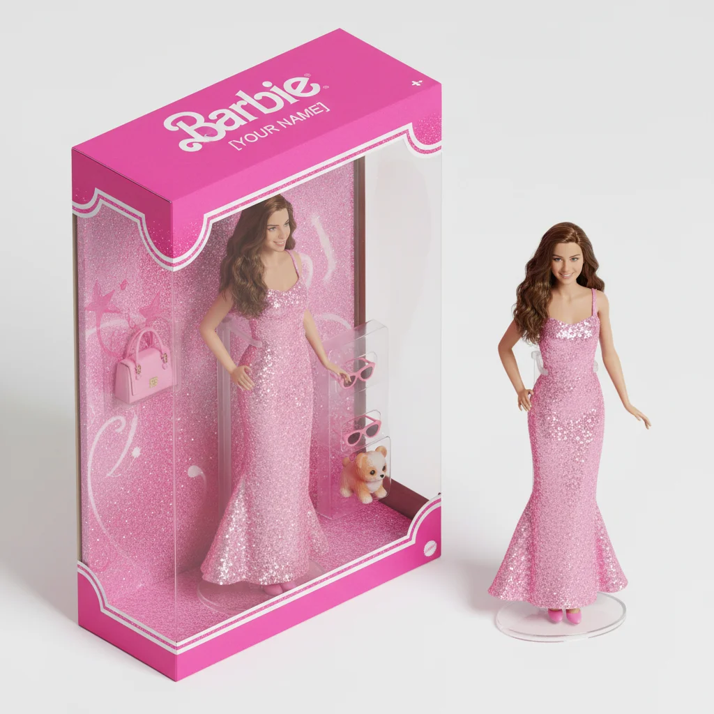 AI Barbie doll figurine in pink packaging box after transformation