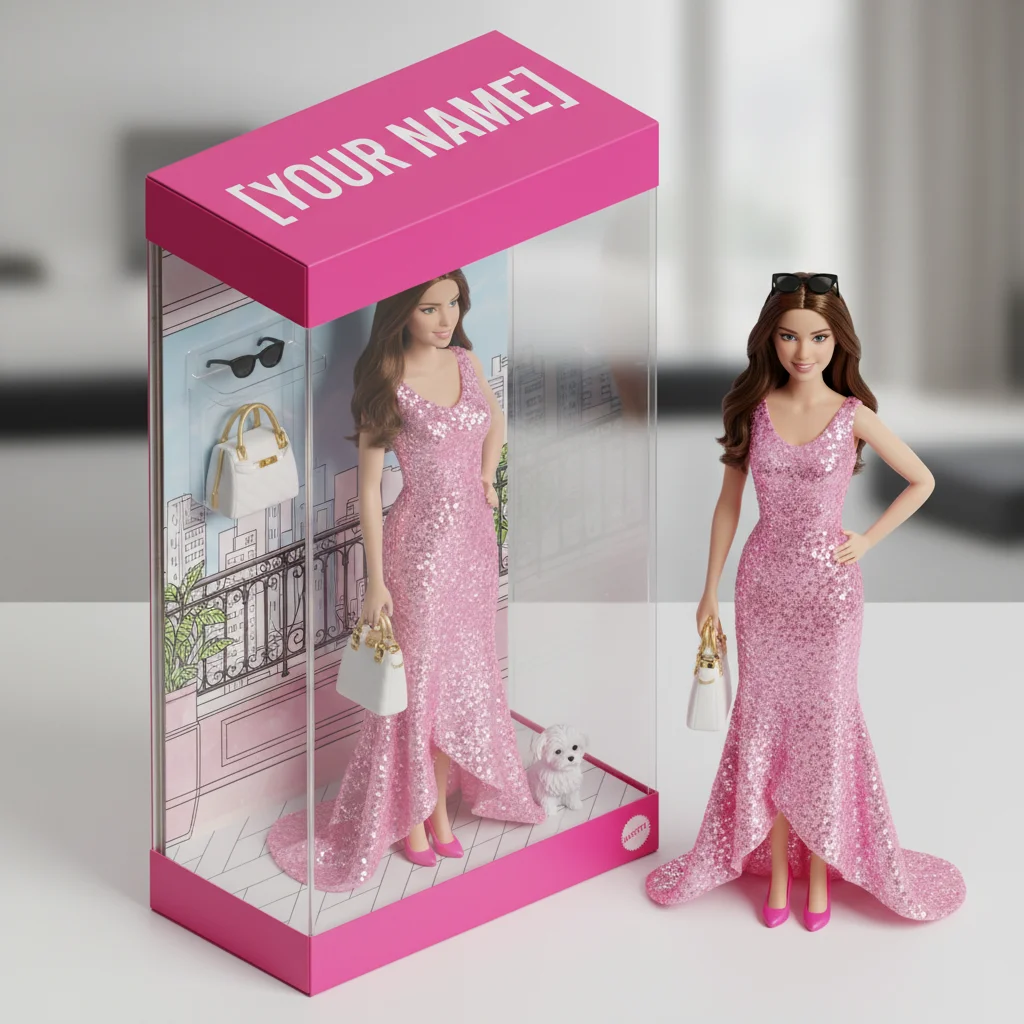 AI Barbie doll in signature pink packaging box with accessories