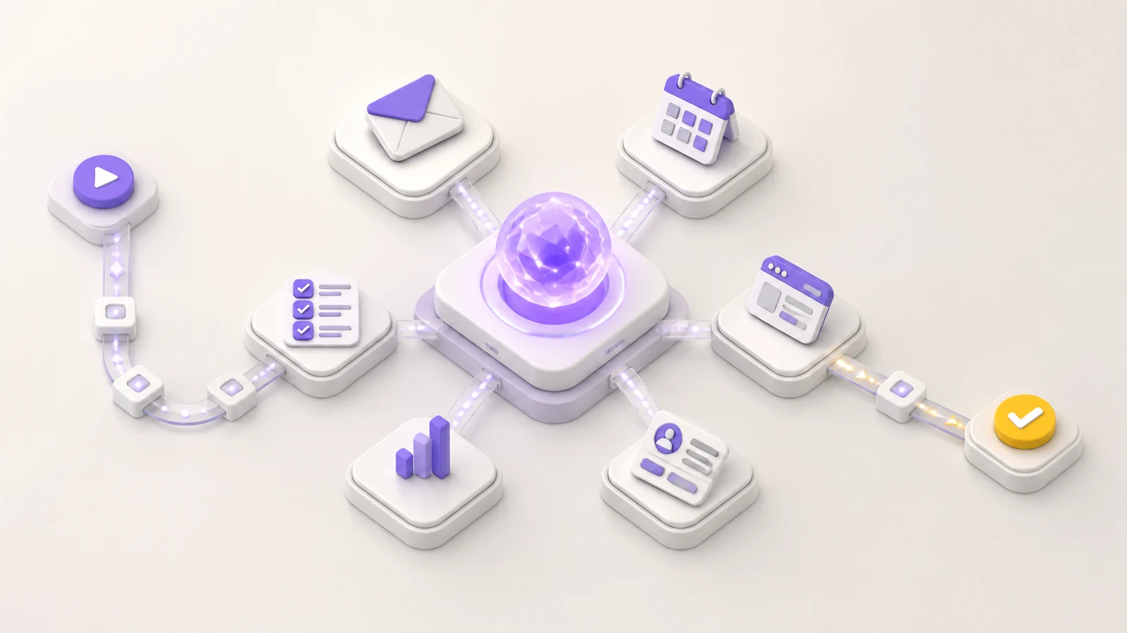 3D isometric AI agent workflow connected to email, calendar, analytics, and task tools.