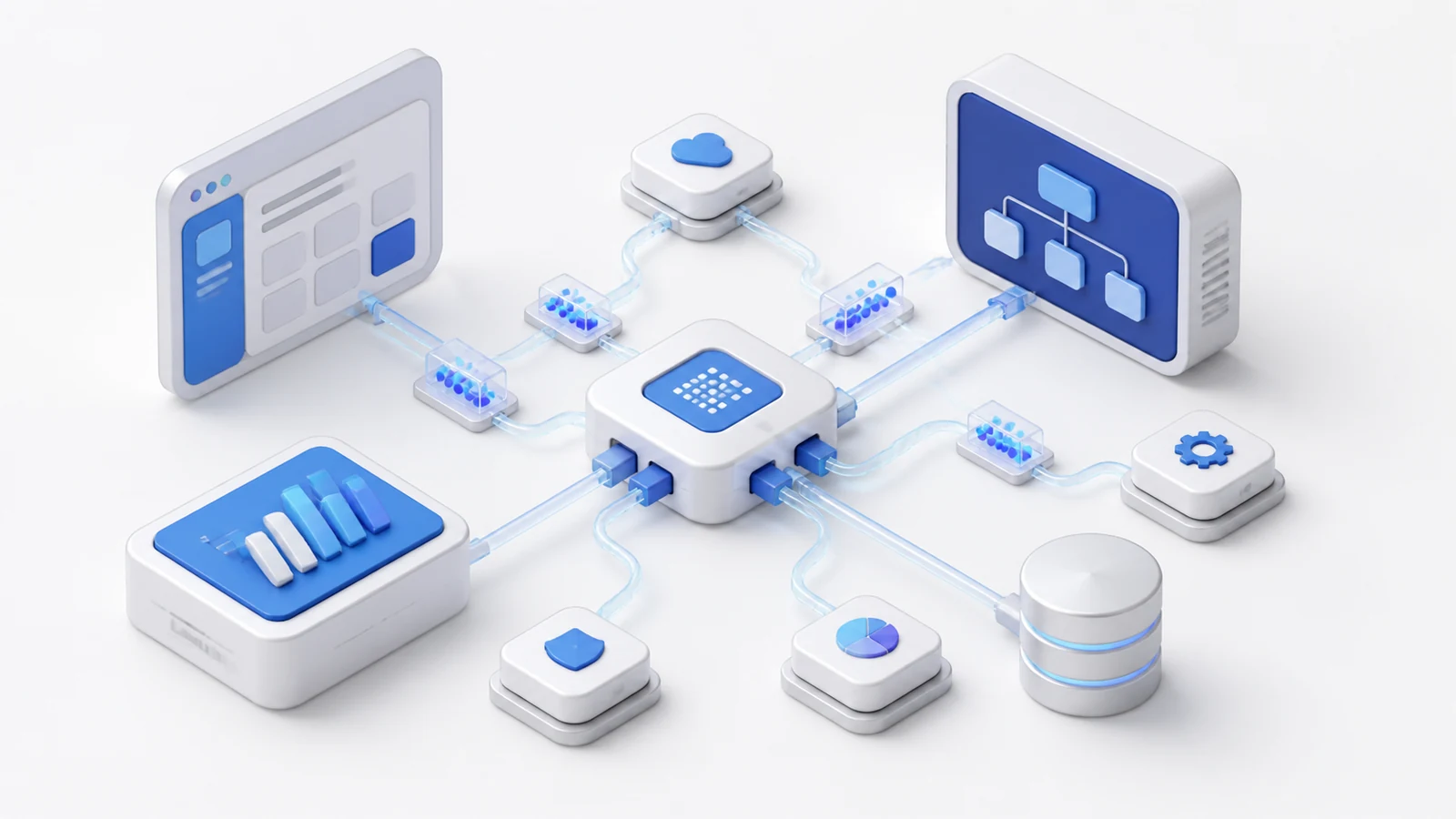 3D isometric API integration platform with a central connector hub linking apps and data.