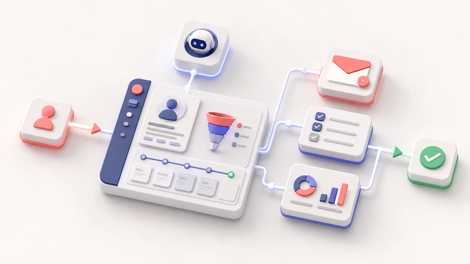 3D isometric CRM automation workspace connecting customer profiles, email, tasks, and analytics.