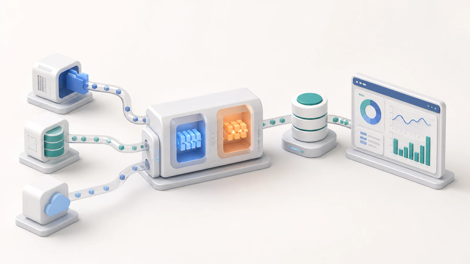 3D isometric data pipeline moving multiple sources through processing, storage, and analytics.
