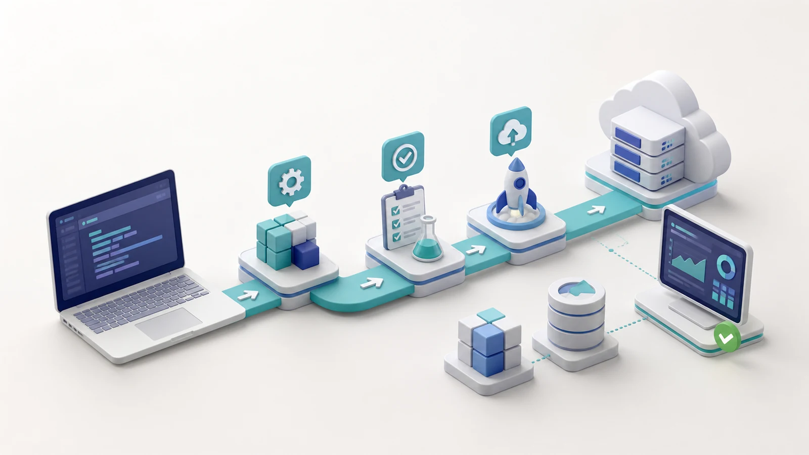3D isometric developer platform showing a build, test, deploy, cloud, and monitoring workflow.