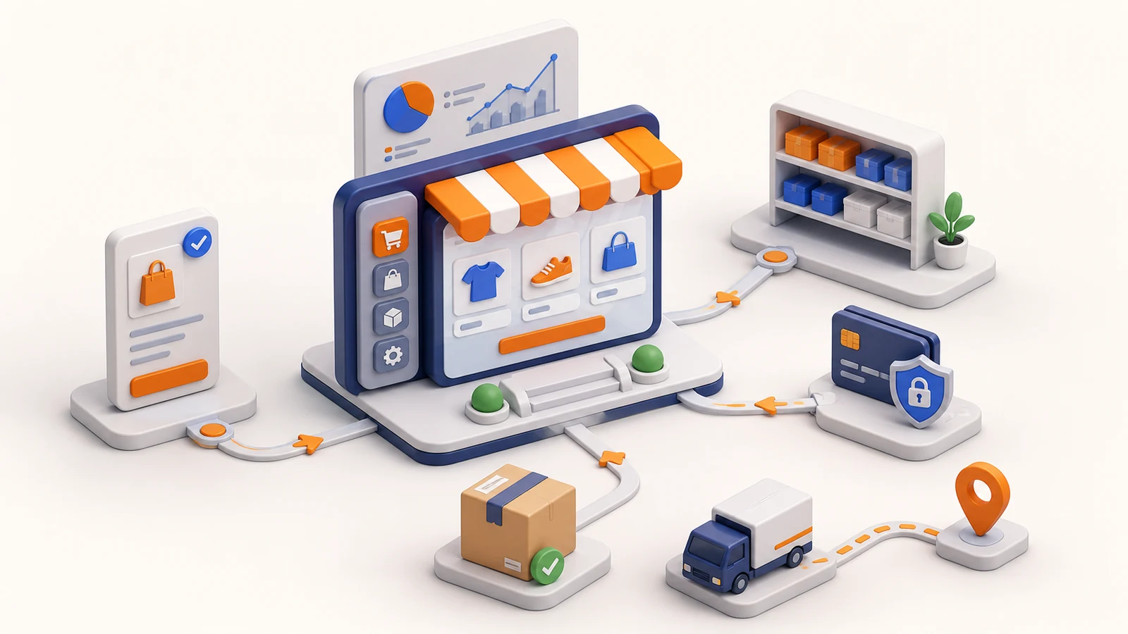 3D isometric e-commerce operations platform connecting a storefront, inventory, payments, and delivery.