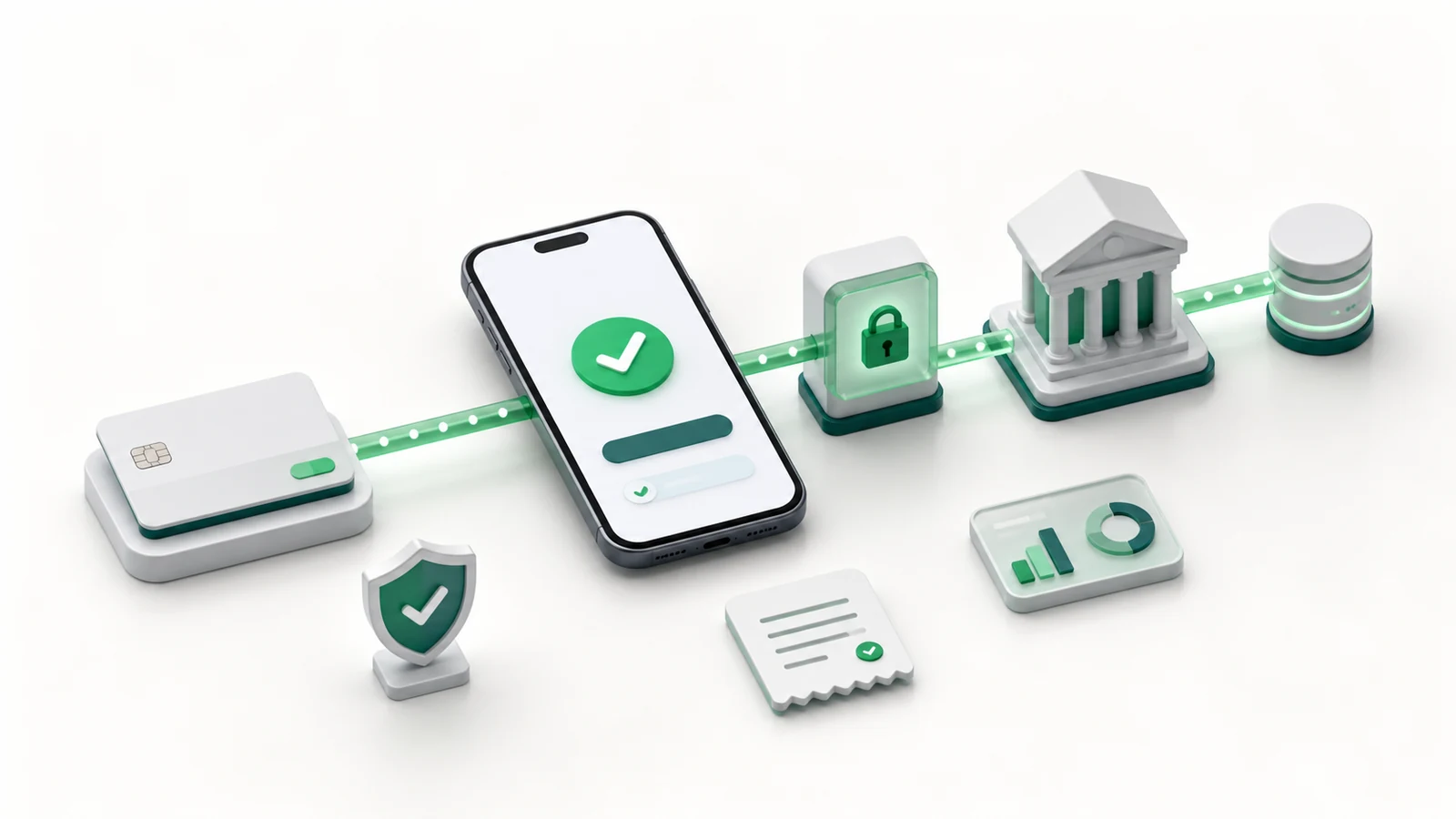 3D isometric fintech payment system connecting a card, phone, security gateway, bank, and database.