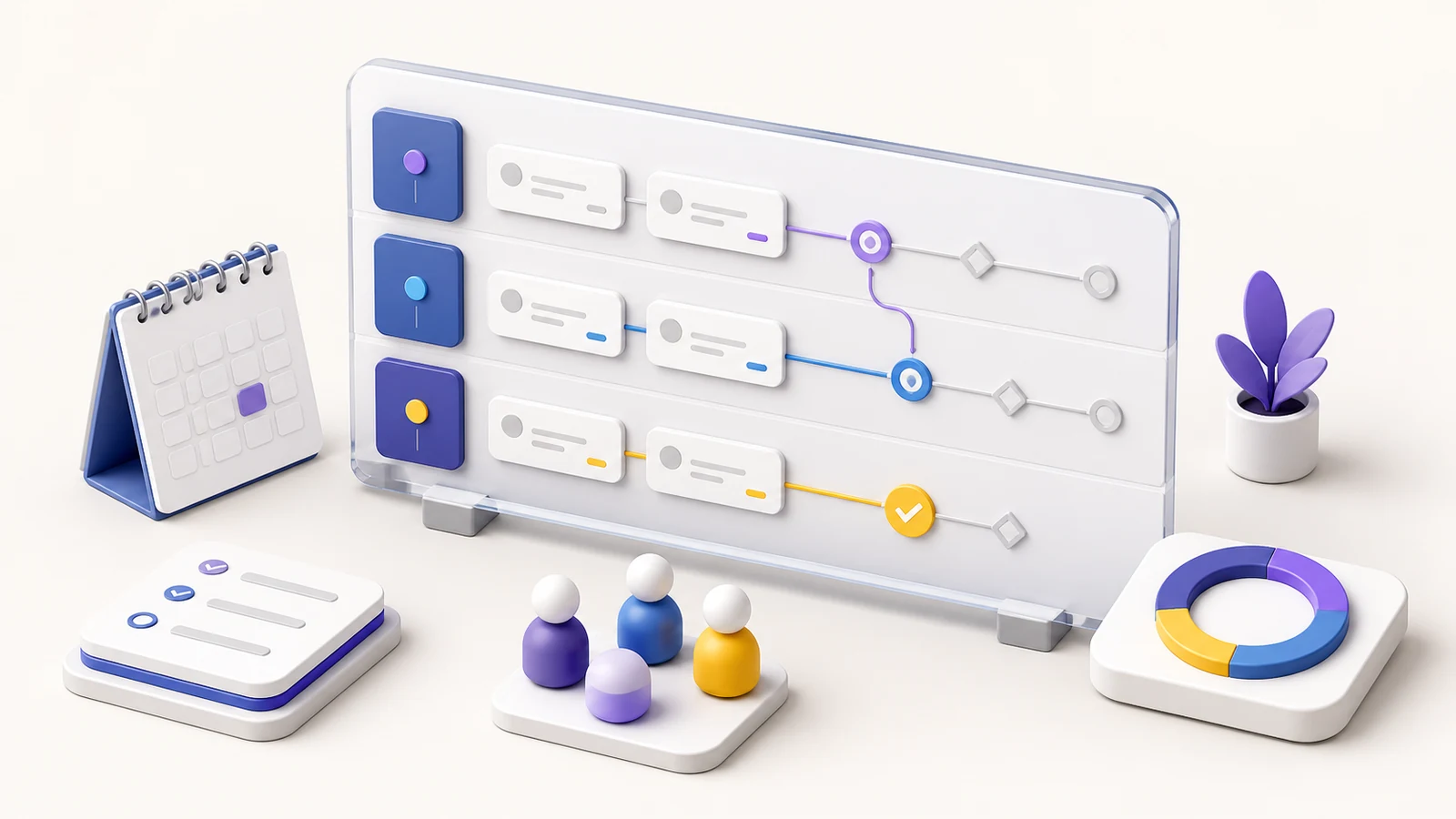 3D isometric project management roadmap with phases, milestones, team members, and progress tracking.