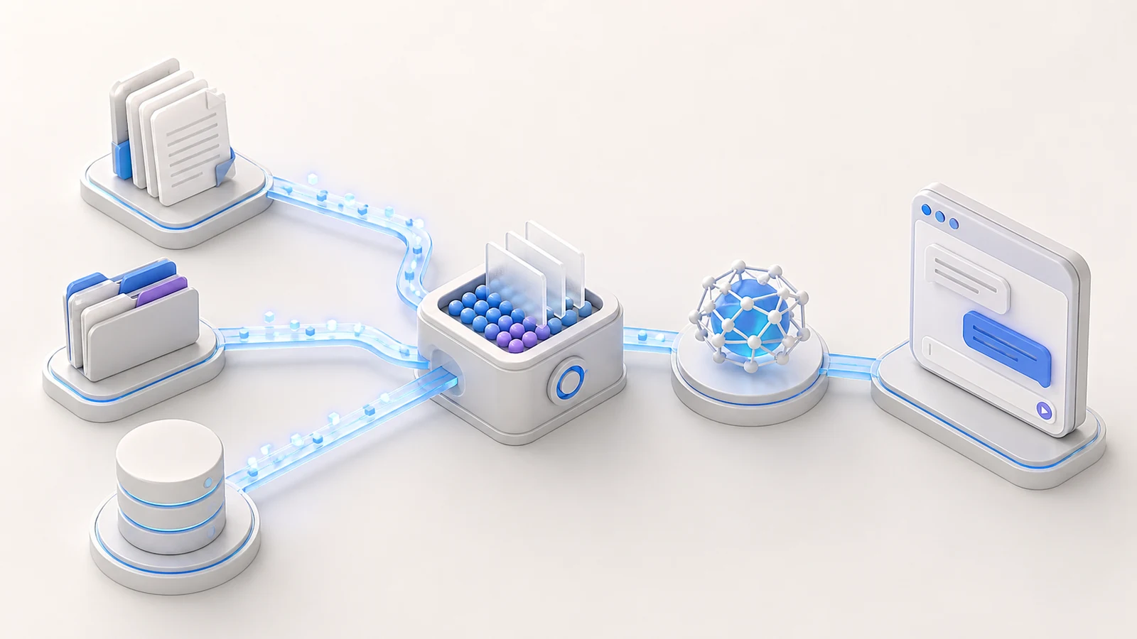 3D isometric RAG knowledge system routing documents and databases through retrieval to an AI chat interface.