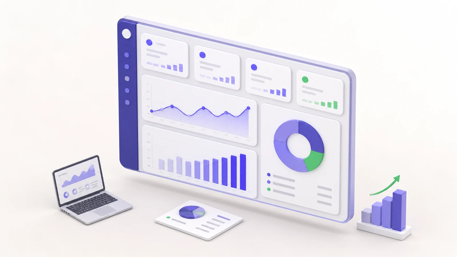 3D isometric SaaS analytics dashboard with charts, metric cards, and a reporting workspace.