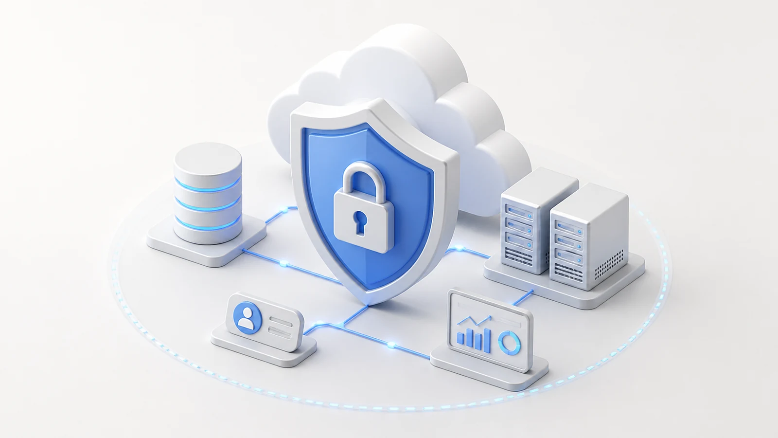 3D isometric cloud security illustration with a shield protecting servers and a database.