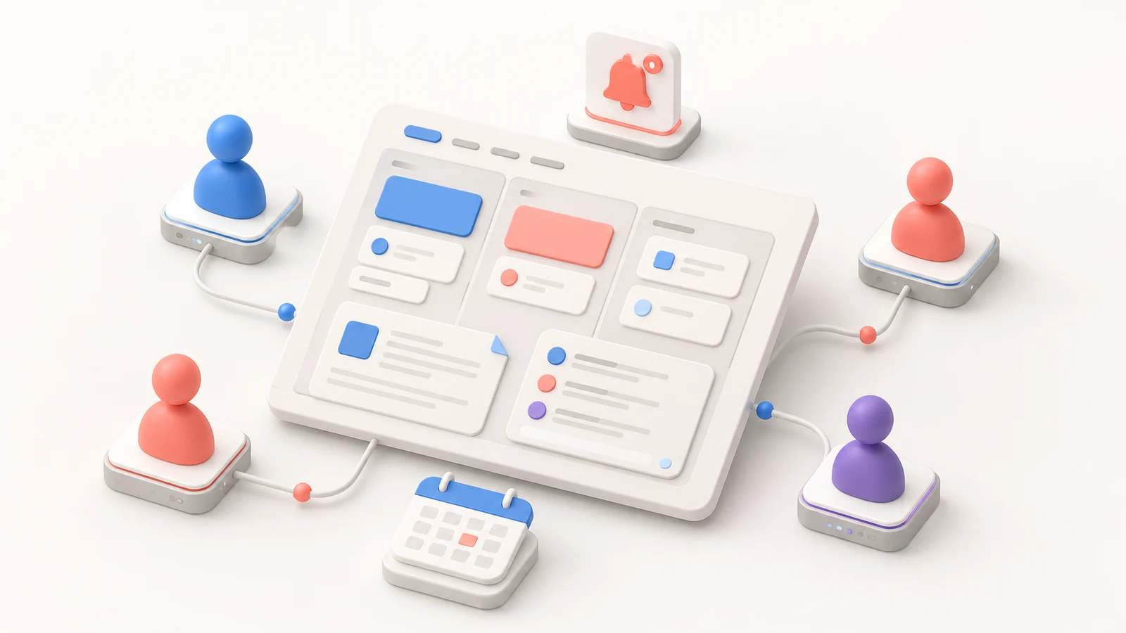 3D isometric team collaboration platform with a shared workspace, abstract users, tasks, and calendar.