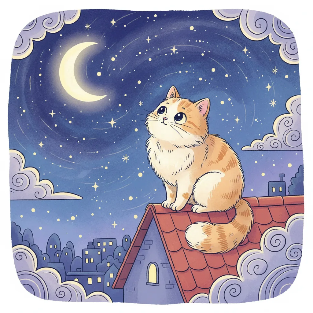 Cute cartoon cat sitting on rooftop under starry night sky with crescent moon