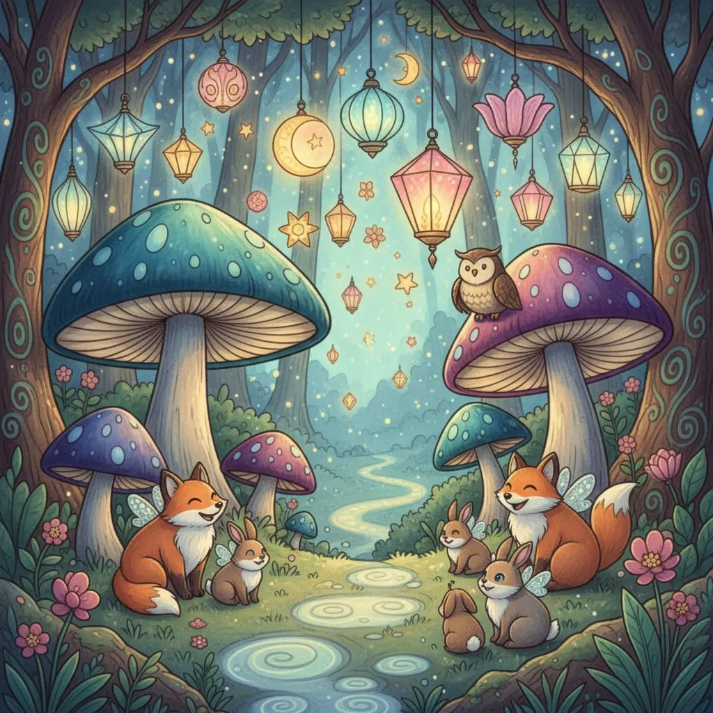 Magical forest with glowing mushrooms and cute animals cartoon illustration