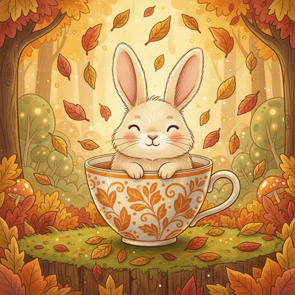 Adorable cartoon rabbit sitting in giant teacup with autumn leaves