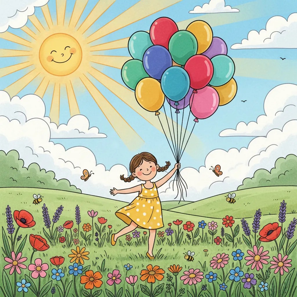 Little girl holding colorful balloons in flower field cartoon illustration