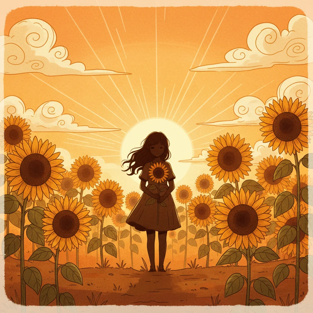 Silhouette of girl in sunflower field at sunset cartoon style