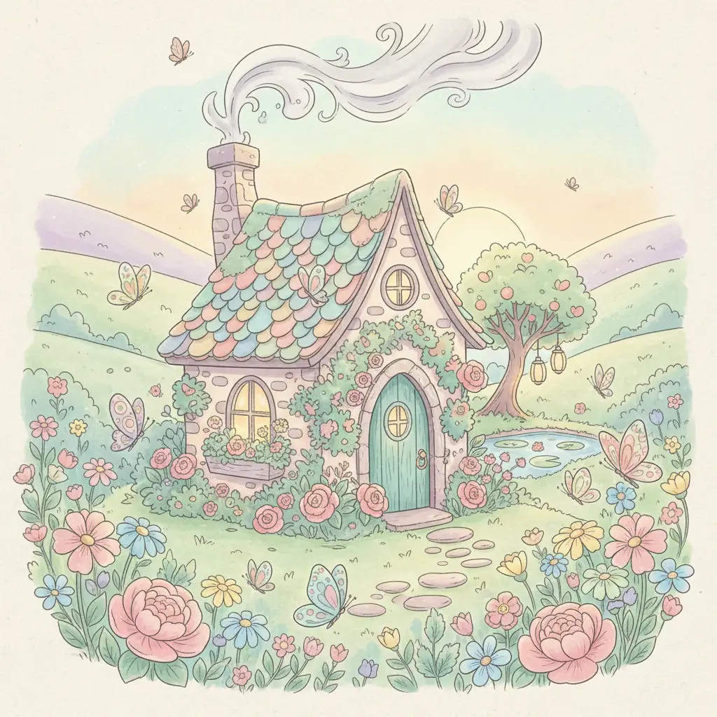 Cozy fairy tale cottage with flowers and butterflies cartoon illustration