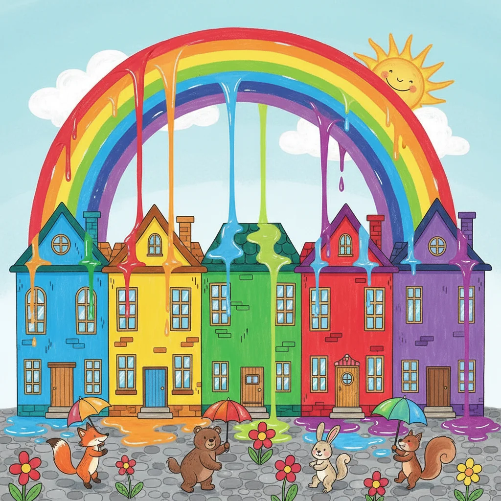 Colorful houses under rainbow rain whimsical cartoon illustration