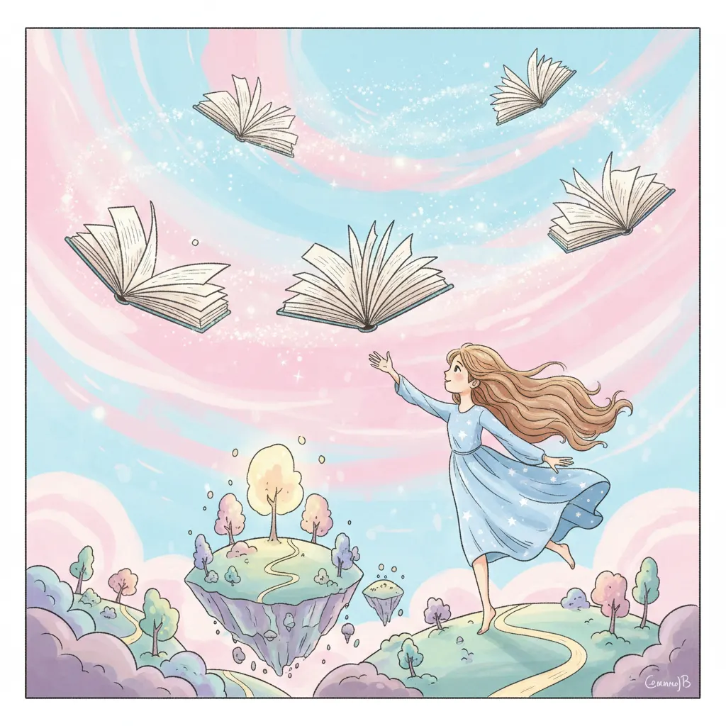 Books flying through sky with girl reaching cartoon illustration
